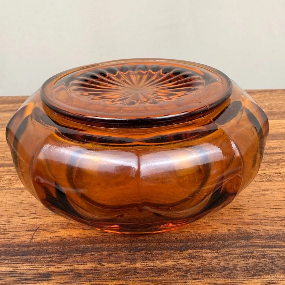 Vintage Amber Glass Powder Jar Base Sunburst Bottom Trinket Dish Honey Gold